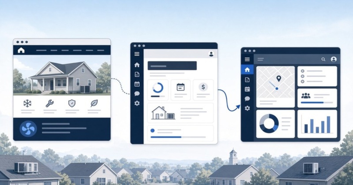 Diagram concept of HVAC public website, customer portal, and staff dispatch portal for Northern Virginia
